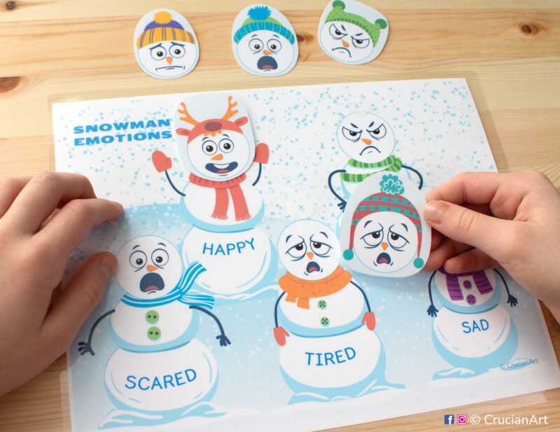 Winter activity for preschool classrooms, learn emotions and feelings with snowmen. Printable DIY activity for teachers.