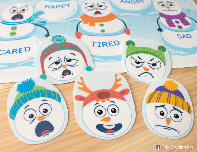 Winter season busy book page for emotions and feelings learning. DIY educational activity for toddler and preschool classrooms.