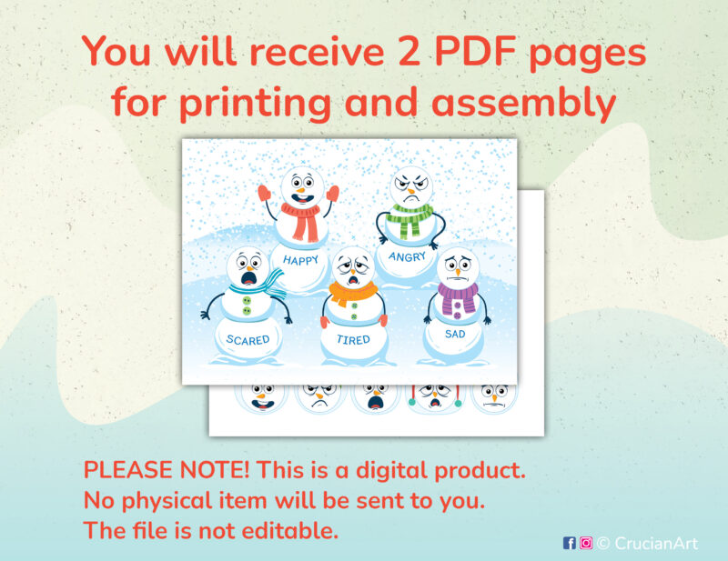 Snowman emotions and feelings printable activity. Preschool educational resource for teachers.