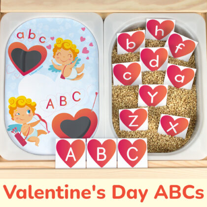 Valentine day themed alphabet activity. DIY insert for Ikea flisat sensory table. February 14th uppercase and lowercase letters game.