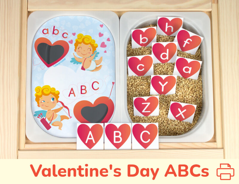 Valentine day themed alphabet activity. DIY insert for Ikea flisat sensory table. February 14th uppercase and lowercase letters game.