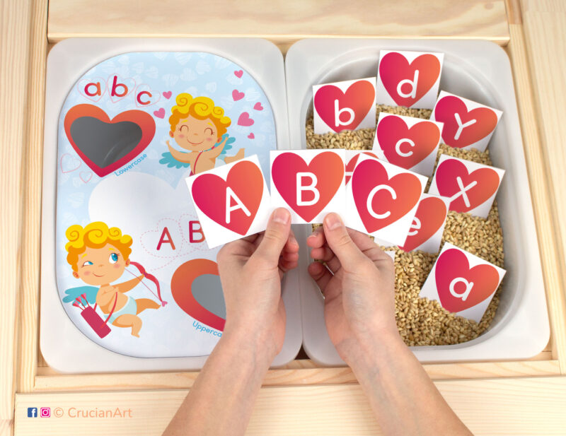 Big and small alphabet letters matching activity for toddlers and preschoolers. Printable insert template for Ikea flisat table and trofast bins. Saint Valentine Day DIY learning resource for homeschool classrooms.