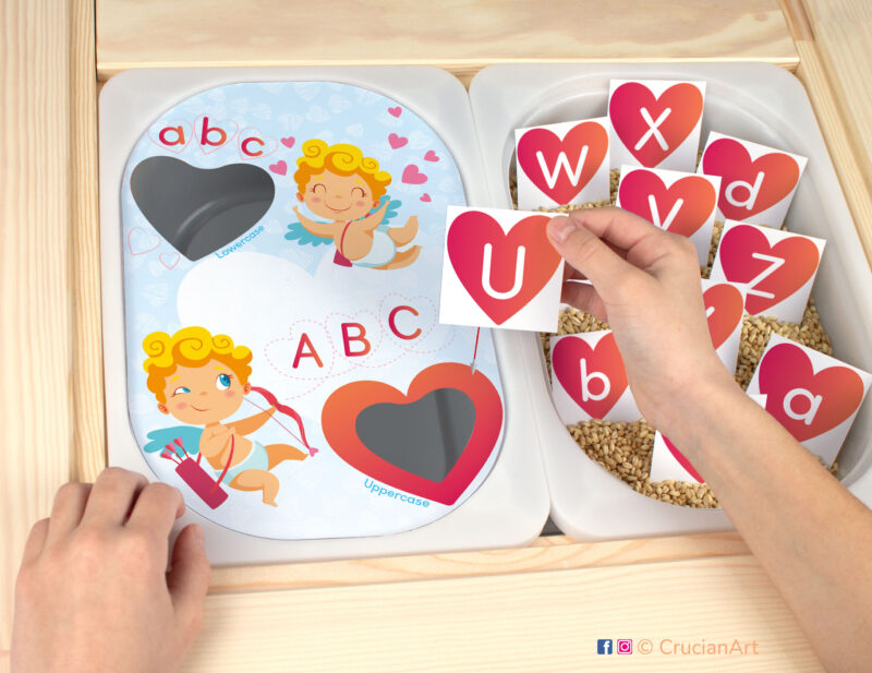 Saint Valentine day holiday activity for ikea flisat sensory table. Printable insert for trofast bins. DIY educational material for preschool and kindergarten classrooms. Upper and lowercase letters matching and sorting game.