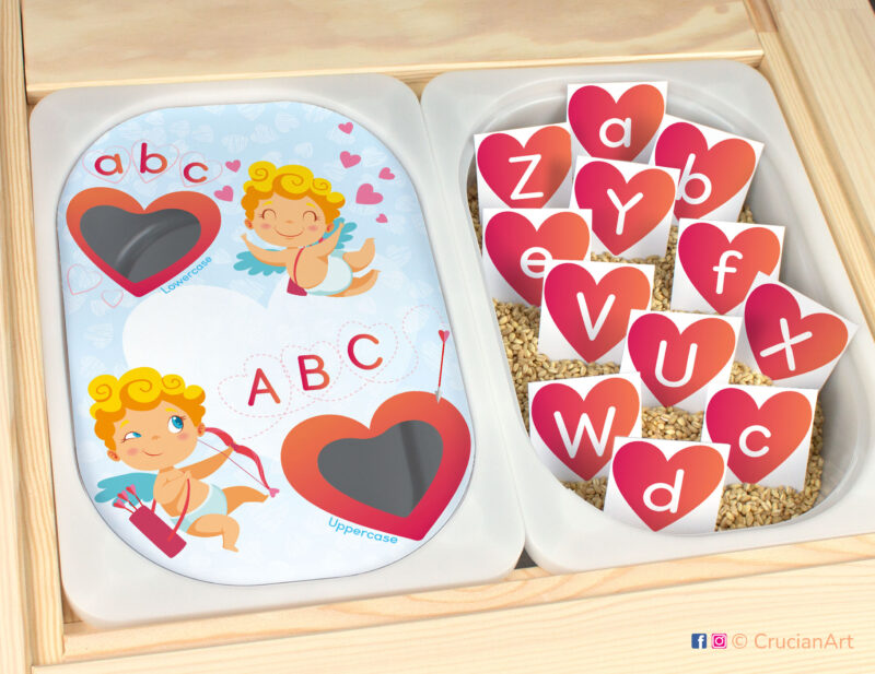 Saint Valentine day holiday game for preschoolers and kindergarteners. Uppercase and lowercase letters learning activity for alphabet formation. DIY literacy learning resource.