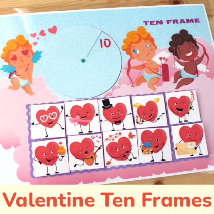 Valentine day counting activity for toddlers and preschoolers. Ten frames early math game. DIY homeschool and classroom worksheet.