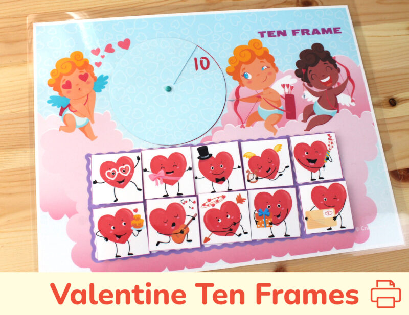 Valentine day counting activity for toddlers and preschoolers. Ten frames early math game. DIY homeschool and classroom worksheet.