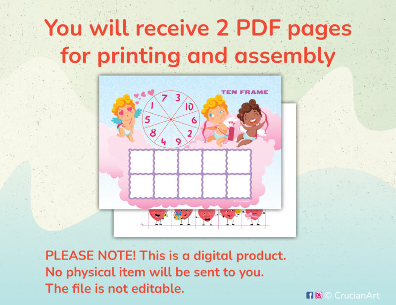 DIY learning resource for toddlers and preschoolers. Printable pdf educational activity. Valentine day holiday and Cupid hearts theme.