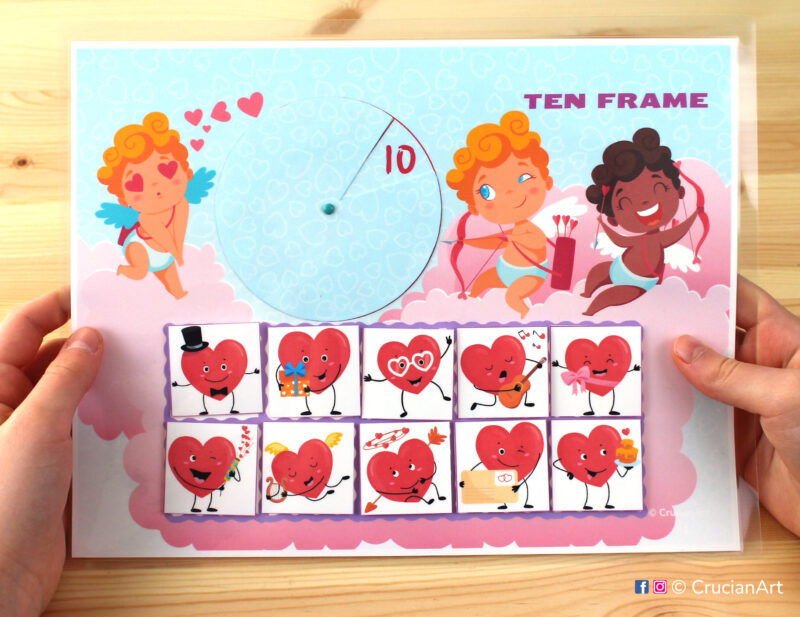 Valentine Day holiday activity with Cupids. Count hearts on ten frame math game for toddlers. Printable resource for preschool homeschool classrooms.