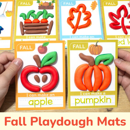 Autumn themed interactive playdough mats for preschool curriculum. Apple and pumpkin mats with play-doh and tracing words. Printables for fall season unit.