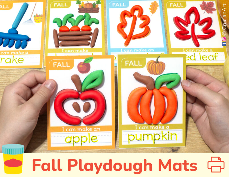 Autumn themed interactive playdough mats for preschool curriculum. Apple and pumpkin mats with play-doh and tracing words. Printables for fall season unit.