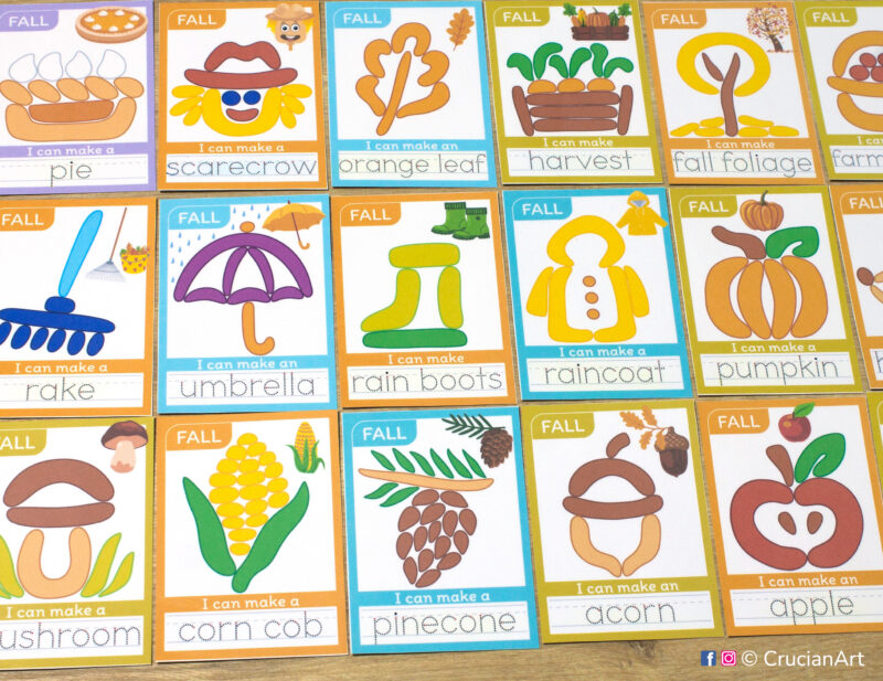 Set of Autumn Season printable materials for playdough sensory station. Playdough mats for Play-Doh with images of a pinecone, acorn, apple, corn cob, mushroom, umbrella, rain boots, raincoat, pumpkin, rake, scarecrow, harvest, pie, fall foliage, orange leaf.