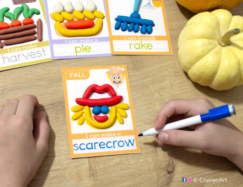 Printable autumn theme playdough mats. Fall season play dough mat with an illustration of a scarecrow. Do-it-yourself language learning educational resources for childcare centers.