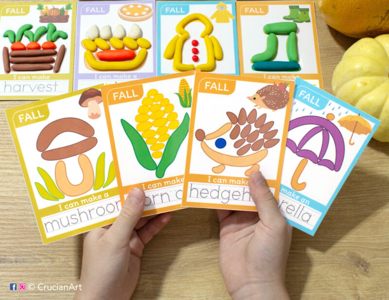 Seasonal printable playdough materials for preschool teachers. Autumn printables for Play-Doh activity with images of a mushroom, corn cob, hedgehog, and umbrella.