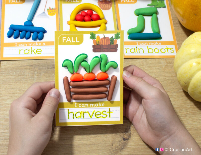 Autumn-themed playdough mat with an image and word of harvest. Educational playdough printables for fall season early childhood curriculum.