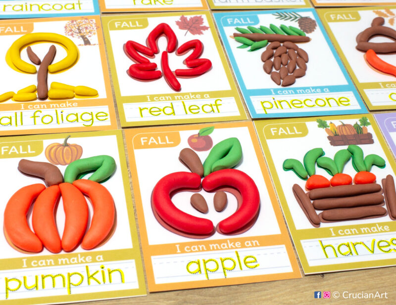 Set of printable playdough mats for fall season. Autumn symbols of an apple, pumpkin, harvest, red leaf, pinecone, fall foliage.