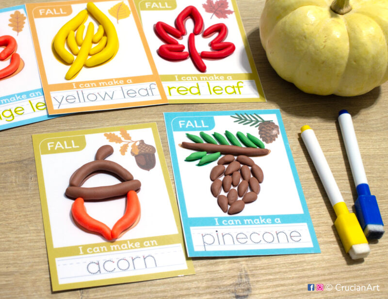 Set of printable autumn season playdough mats for fall theme learning: a pinecone and an acorn.