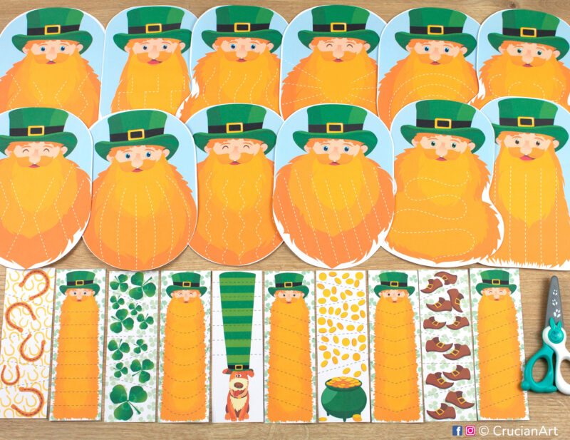 Set of Saint Patrick’s day themed printable materials to practice fine motor skills, hand-eye coordination, and scissor control. Preschool learning materials for cutting skills.