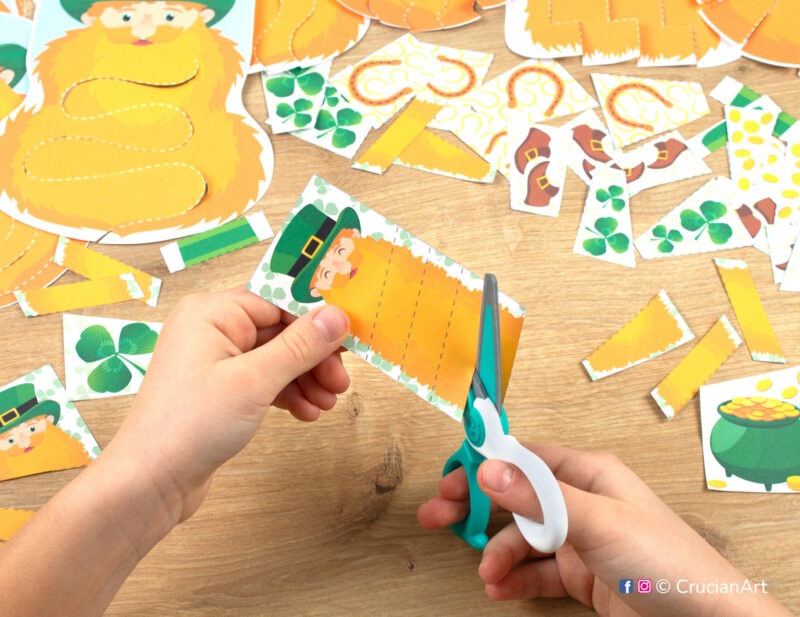 Children scissor skills printable materials. Saint Patrick’s beard cutting activity for fine motor skills.