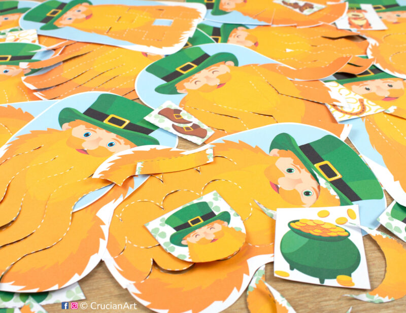 Printable PDF pages with Saint Patrick’s Day-themed cutting designs. Fine motor skills and scissor control printables for preschool teachers. DIY educational materials for homeschool classroom.