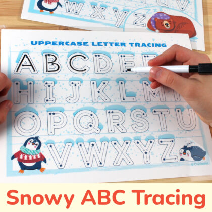 Winter alphabet tracing worksheets. Uppercase and lowercase trace sheets for kids. Printable preschool and kindergarten materials.