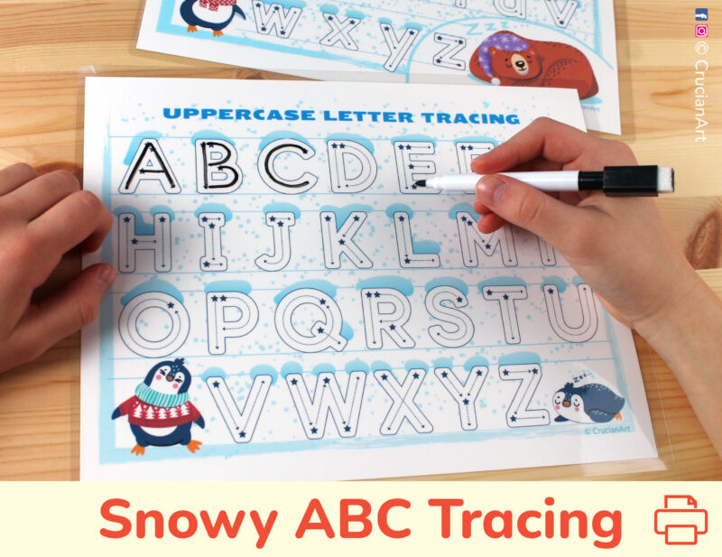 Winter alphabet tracing worksheets. Uppercase and lowercase trace sheets for kids. Printable preschool and kindergarten materials.