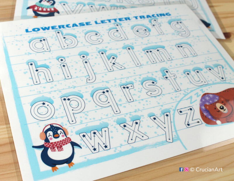 Winter alphabet handwriting practice for kids. Learn ABCs with penguins. ABC tracing printables for preschool and kindergarten classrooms.