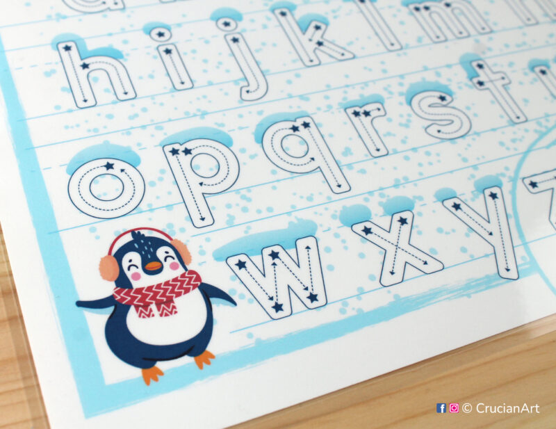 Fun handwriting practice for kids. Learn letters winter themed alphabet tracing pages. Printable educational resources.