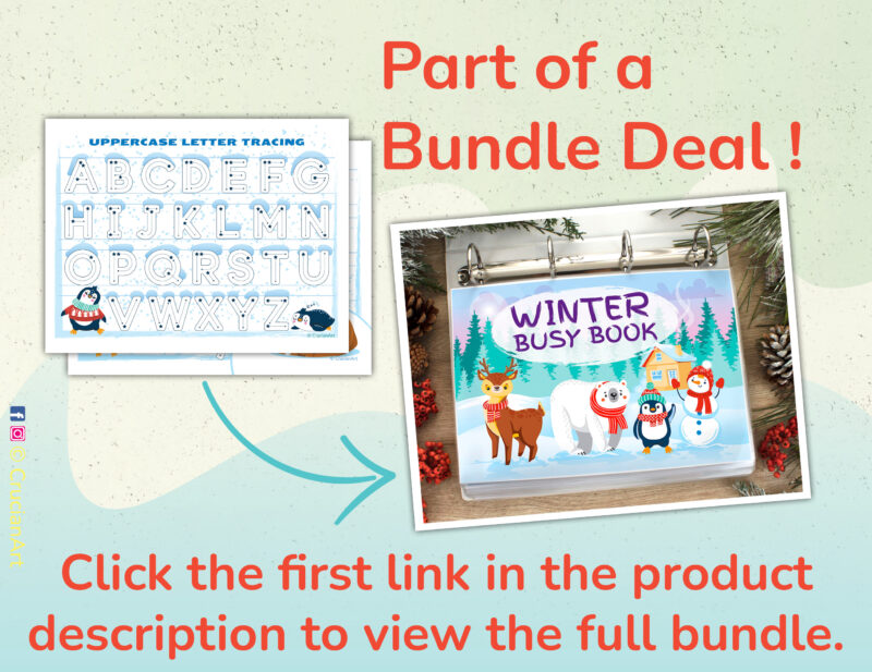 Winter busy book pages with alphabet tracing letters. Printable learning worksheets for preschool and kindergarten classrooms.