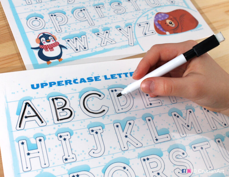 Uppercase and lowercase alphabet handwriting practice. Preschool and kindergarten learning printables.