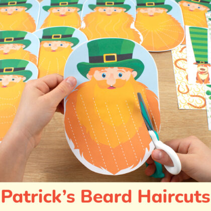 Saint Patrick’s beard activity to practice scissor skills. Printable fine motor cutting strips for toddler, prek, preschool, kindergarten.