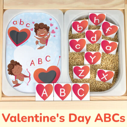 Valentine day themed alphabet activity. DIY insert for Ikea flisat sensory table. February 14th uppercase and lowercase letters game. African American Cupids with hearts.