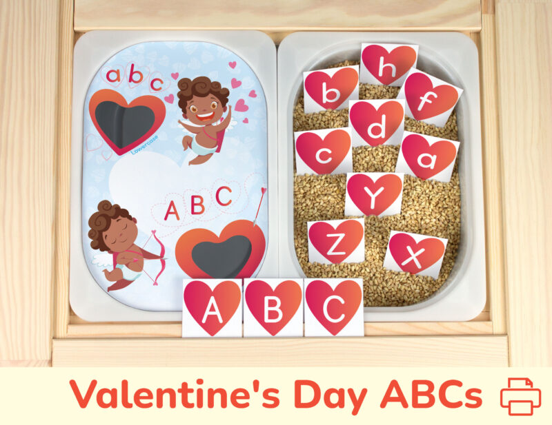Valentine day themed alphabet activity. DIY insert for Ikea flisat sensory table. February 14th uppercase and lowercase letters game. African American Cupids with hearts.