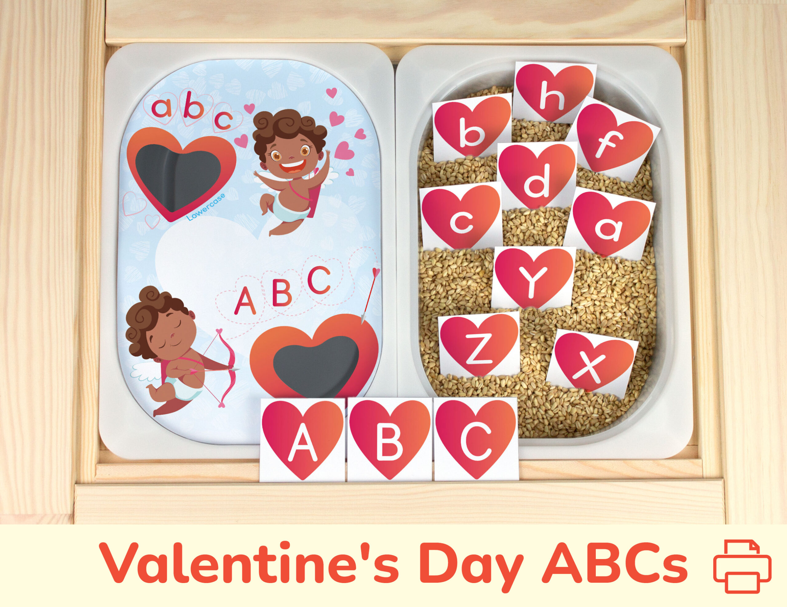 Valentine day themed alphabet activity. DIY insert for Ikea flisat sensory table. February 14th uppercase and lowercase letters game. African American Cupids with hearts.