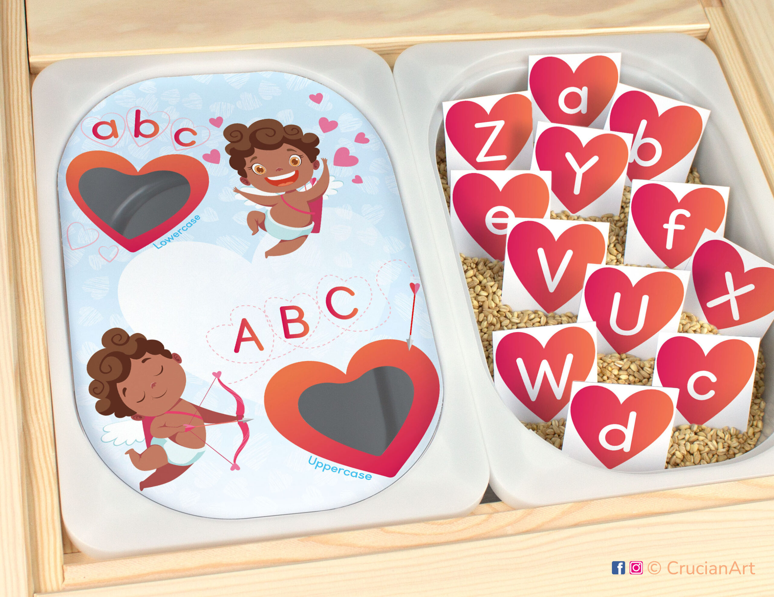 Saint Valentine day holiday game for preschoolers and kindergarteners. Uppercase and lowercase letters learning activity for alphabet formation. DIY literacy learning resource. Brown skin Cupids holding bow and arrow and hearts.
