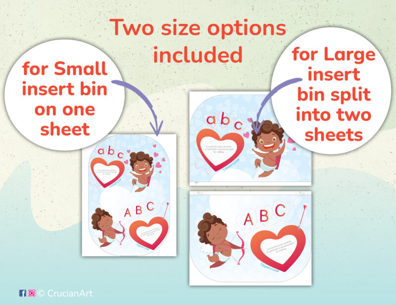 St Valentine day printable template for ikea flisat sensory table. DIY alphabet learning insert for trofast bins. African American Cupids holding bow and arrow and hearts.