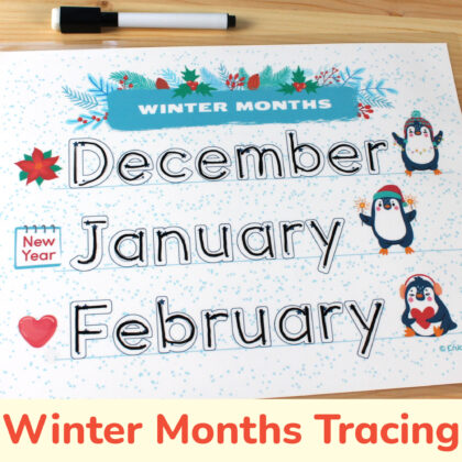 Winter months tracing worksheets learning printables for preschool and kindergarten classrooms.