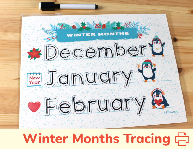 Winter months tracing worksheets learning printables for preschool and kindergarten classrooms.