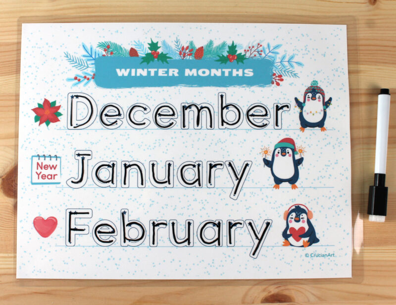 Winter months tracing page. Trace December, January, February month words. Preschool, kindergarten printables.