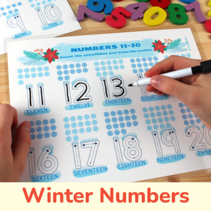 Winter snowflake counting and number tracing worksheets. Printable learning materials for toddlers, preschoolers, kindergarteners.