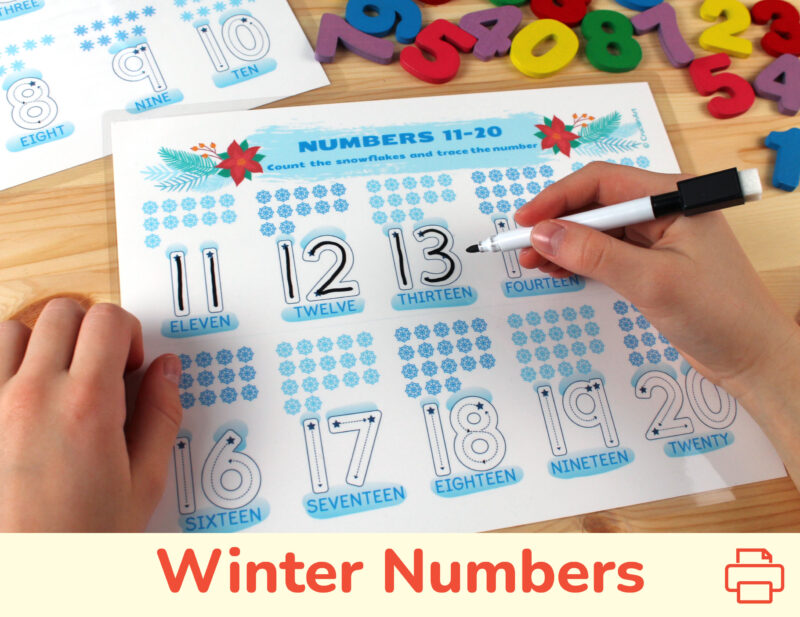 Winter snowflake counting and number tracing worksheets. Printable learning materials for toddlers, preschoolers, kindergarteners.