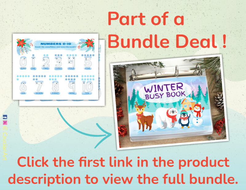 Winter busy book pages with tracing numbers. Printable learning worksheets for preschool and kindergarten classrooms.