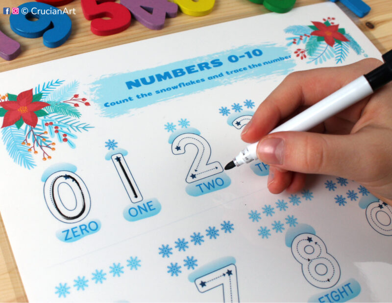 Early math printable worksheets for children. Snowflake counting and number tracing sheets for preschool and kindergarten classrooms.